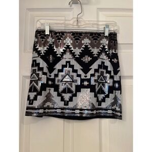 Express‎ Sequin Mini Skirt Black Silver Aztec Geometric Party Night Out XS